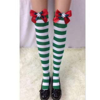 Christmas Green-white Strips Red Bowknot with Snowflake Maid Cosplay Stockings HG18544