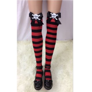Halloween Red-black Strips Black Bowknot with Skeleton Maid Cosplay Stockings HG18540