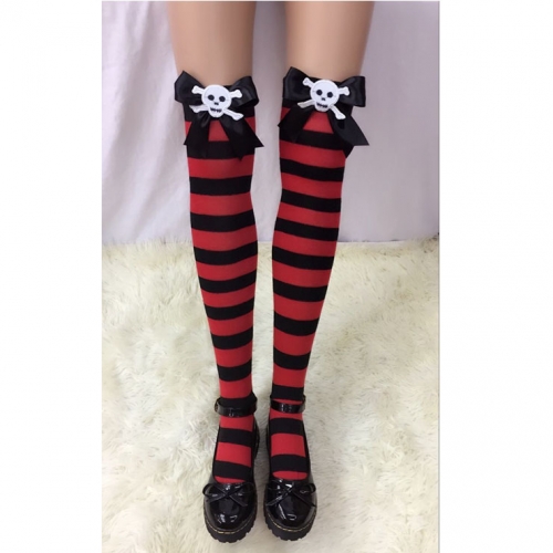 Halloween Red-black Strips Black Bowknot with Skeleton Maid Cosplay Stockings HG18540