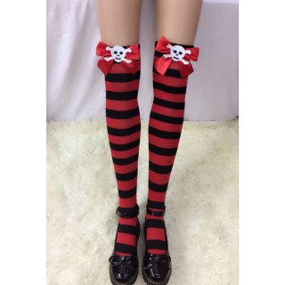 Halloween Red-black Strips Red Bowknot with Skeleton Maid Cosplay Stockings HG18539