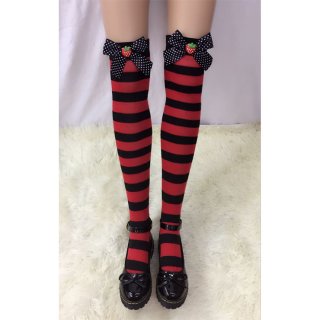 Lovely Red-black Strips Spots Bowknot with Strawberry Maid Cosplay Stockings HG18536