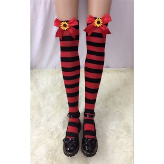 Lovely Red-black Strips Red Bowknot with Sunflower Maid Cosplay Stockings HG18535