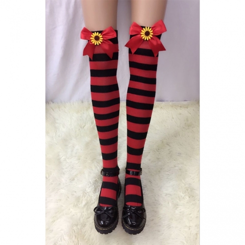 Lovely Red-black Strips Red Bowknot with Sunflower Maid Cosplay Stockings HG18535