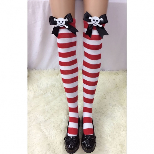 Lovely Red-white Strips Black Bowknot with Skeleton Cosplay Stockings HG18506
