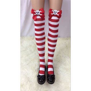 Lovely Pure Red-white Strips Red Bowknot with Skeleton Cosplay Stockings HG18505