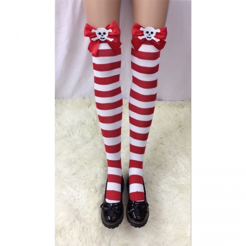 Lovely Pure Red-white Strips Red Bowknot with Skeleton Cosplay Stockings HG18505