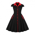 Vintage Black and Red Chinoiserie Lapel Short Sleeves Reformed Cheongsam High Waist Midi Dress N18492