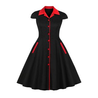 Vintage Black and Red Chinoiserie Lapel Short Sleeves Reformed Cheongsam High Waist Midi Dress N18492