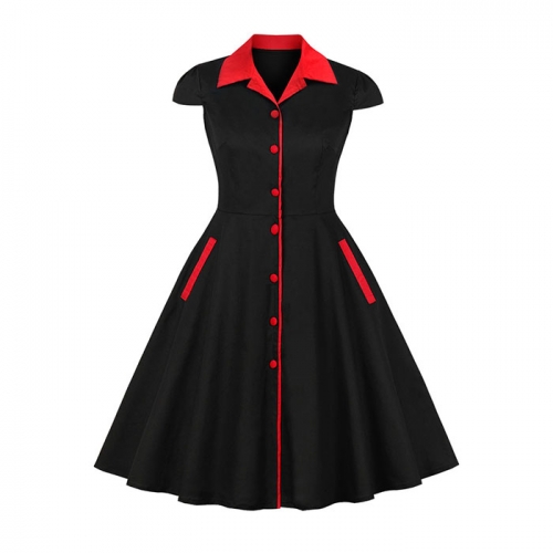 Vintage Black and Red Chinoiserie Lapel Short Sleeves Reformed Cheongsam High Waist Midi Dress N18492