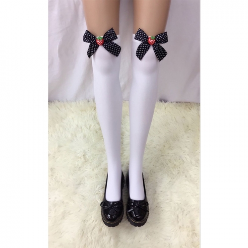 Lovely White Anime Stockings with Black Bowknot and Strawberry French Maid Cosplay Stockings HG18489