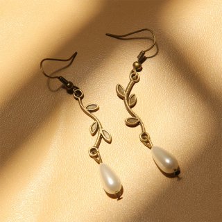 Vintage Elegant Bronze Metal Vine with White Artificial Pearl Drop Earrings J18440