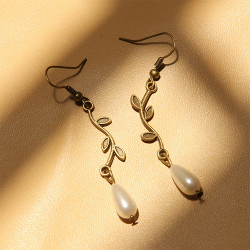 Vintage Elegant Bronze Metal Vine with White Artificial Pearl Drop Earrings J18440