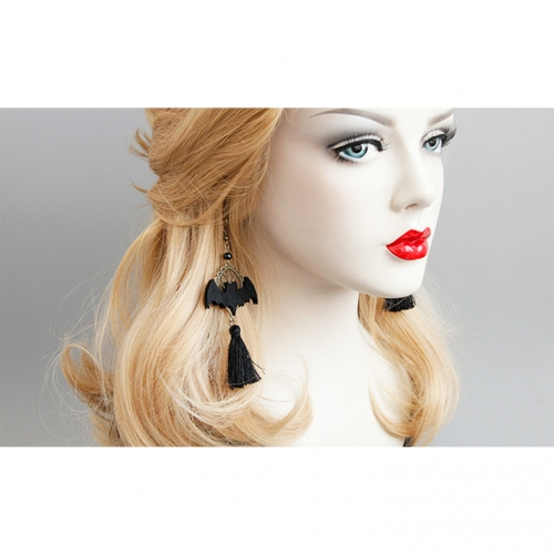 Gothic Style Evil Black Bat with Bronze Metal and Tassel Earrings J18439