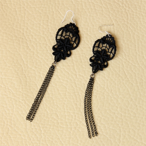 Gothic Exaggerated Black Flower Net Lace Long Tassels Earrings J18427