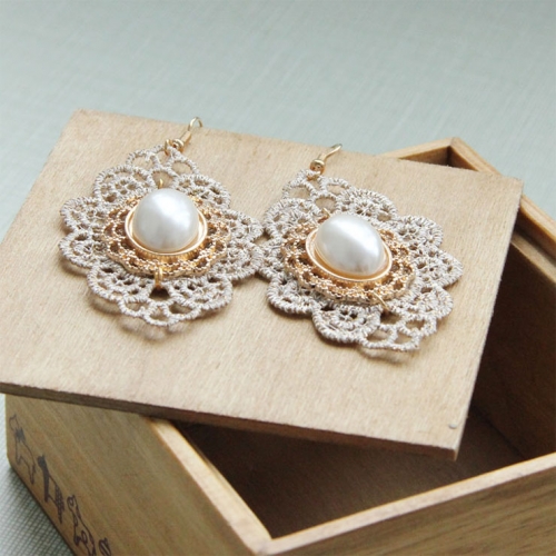 Vintage Champagne Floral Lace with Golden Metal and Gem Embellished Earrings J18419