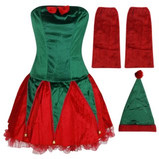 Sexy Santa Girls Red Green Overbust Sleevelees Lace-up Christmas Costume with Legs Set XT18370