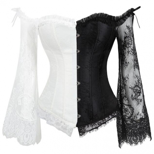 Victorian Gothic Black and White Plastic Boned Floral Lace Overbust Corset with Organza High Low Skirt Sets N18359
