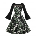 Black Elegant Mesh Round-neck Lily Printed Trumpet Sleeves High Waist Midi A-dress N18269