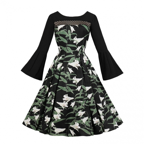Black Elegant Mesh Round-neck Lily Printed Trumpet Sleeves High Waist Midi A-dress N18269