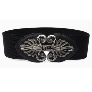 Fashion Black Elastic Wide Waistband Floral Alloy Interlock Buckle Waist Belt N18252