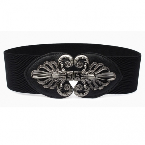 Fashion Black Elastic Wide Waistband Floral Alloy Interlock Buckle Waist Belt N18252