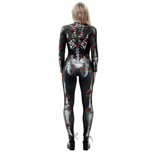 Scary Skull and Red Roses Unitard 3D Printed Skeleton High Neck Bodysuit Halloween Costume N18237