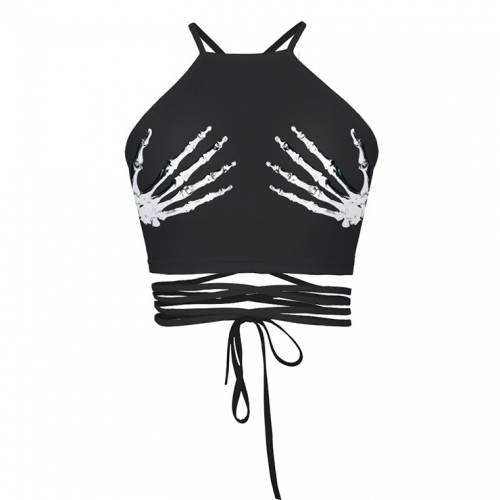 Sexy 3D Skeleton Hands Printed Strappy Bustier Clubwear Halter Crop Top N18231