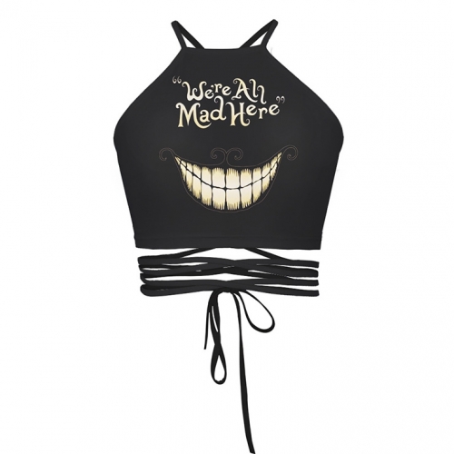 Sexy Women's Mystery Smile Printed Strappy Bustier Clubwear Halter Crop Top N18230