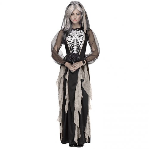 Adult Bones Printed Ghost Bride Dress Vampire Halloween Costume N18144