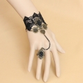 Gothic Black Lace Wristband Gem Bronze Daisy Embellished Bracelet with Ring J18162
