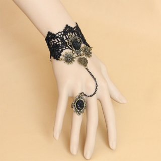 Gothic Black Lace Wristband Gem Bronze Daisy Embellished Bracelet with Ring J18162