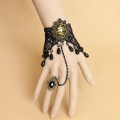 Gothic Black Lace Wristband Tigrine Time Gem Embellished Bracelet with Ring J18128