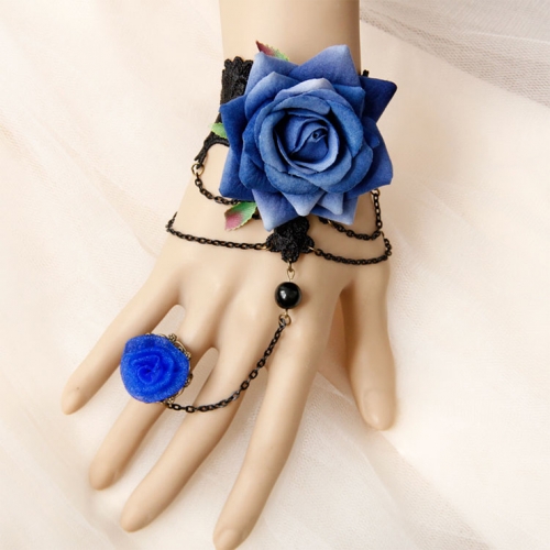 Victorian Gothic Black Floral Lace Wristband Royalblue Rose Bracelet with Ring J18118