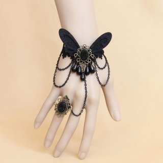 Gothic Black Lace Wristband Black Butterfly Embellished Bracelet with Ring J18126