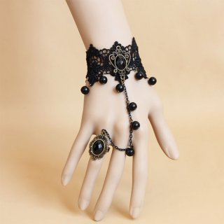 Goehic Black Lace Wristband Bronze Black Gem Embellished Bracelet with Ring J18111