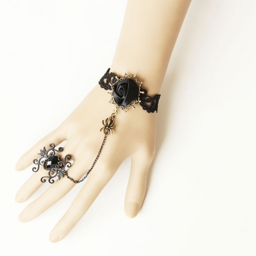 Goehic Black Lace Wristband Spider Embellished Bracelet with Ring J18110
