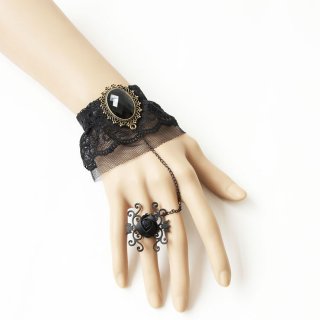 Gothic Black Floral Lace Wristband Gem Bracelet with Rose Ring J18106