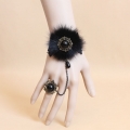 Gothic Black Floral Lace Wristband Black Furry Embellishment Bracelet with Ring J18104
