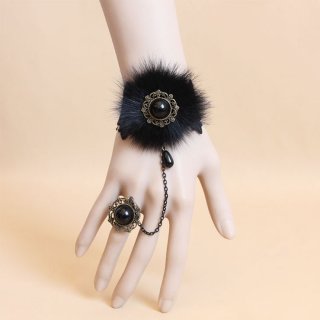 Gothic Black Floral Lace Wristband Black Furry Embellishment Bracelet with Ring J18104