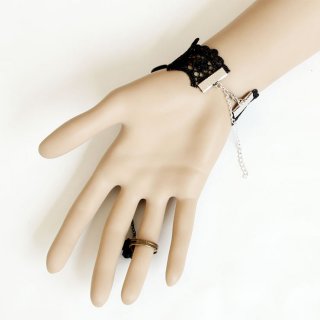Gothic Black Floral Lace Wristband Pink Rose Bracelet with Ring J18102