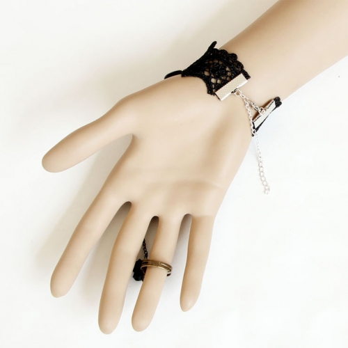 Gothic Black Floral Lace Wristband Pink Rose Bracelet with Ring J18102