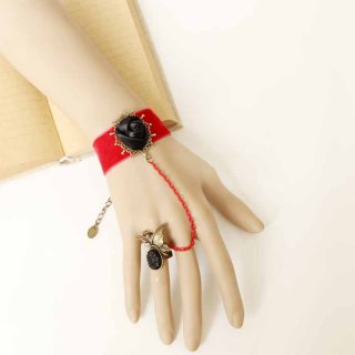Retro Red Velvet Wristband Black Rose Embellished Bracelet with Ring J18101