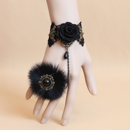 Gothic Black Floral Lace Wristband Rose Bracelet with Furry Ring J18096 Gothic Black Floral Lace Wristband Rose Bracelet with Furry Ring J18096