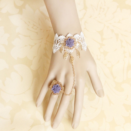 Vintage White Floral Lace Wristband Rose Bracelet with Ring J18092