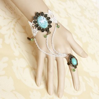 Retro White Wristband Light Blue Embossment Embellished Bracelet with Ring J18090
