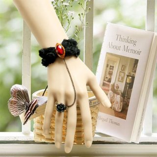 Gothic Black Wristband Rose Embellished Bracelet with Ring J18089