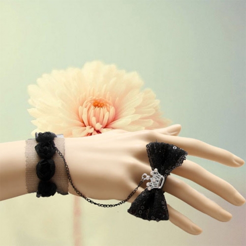 Gothic Black Wristband Bowknot Embellished Bracelet with Ring J18088