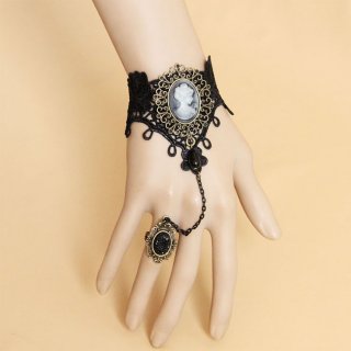 Gothic Black Wristband Embossment Embellished Bracelet with Ring J18087