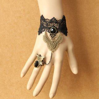 Gothic Black Floral Lace Wristband Black Heart Gem Bracelet with Ring J18081