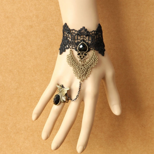 Gothic Black Floral Lace Wristband Black Heart Gem Bracelet with Ring J18081